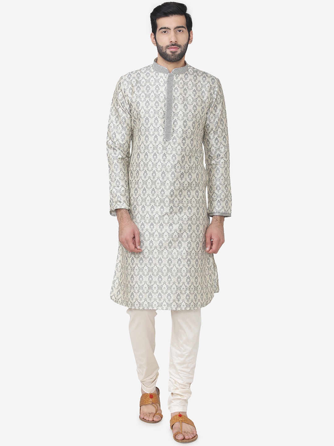 

Manyavar Men Grey & Off-White Self Design Kurta with Churidar