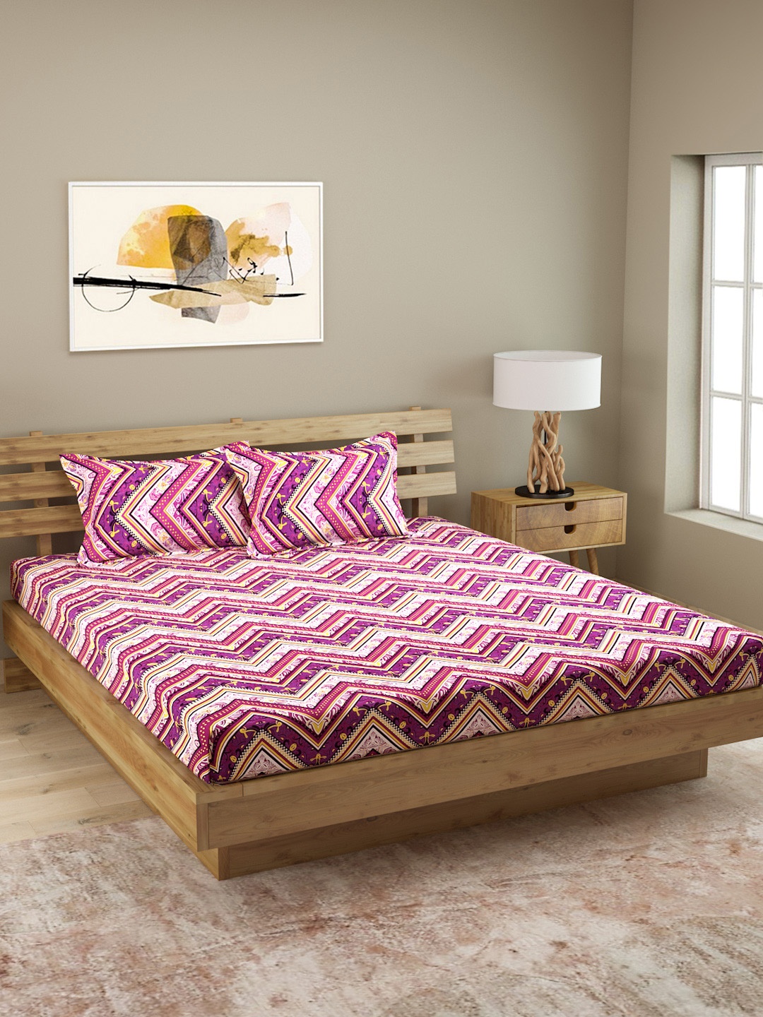 

ROMEE White & Pink Geometric 144 TC Cotton 1 Queen Bedsheet with 2 Pillow Covers