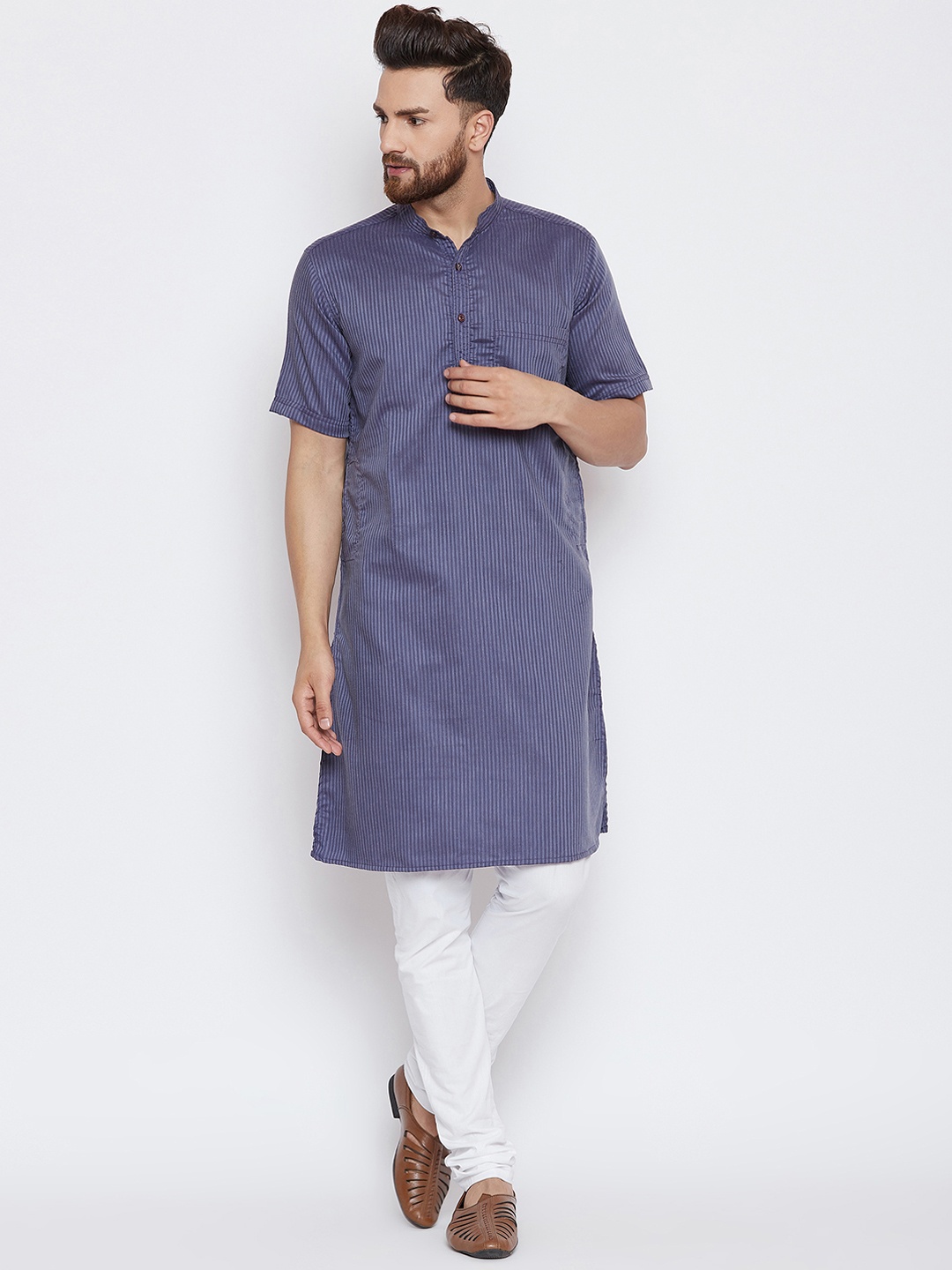 

even Men Grey & Blue Striped Dobby Weave Straight Kurta