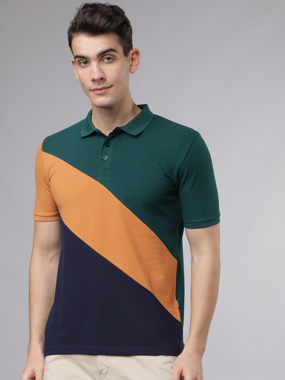 

LOCOMOTIVE Men Green Colourblocked Polo Collar T-shirt
