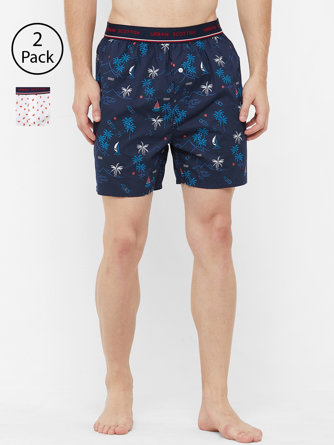 

URBAN SCOTTISH Men Pack of 2 Printed Pure Cotton Boxers USBX2028, Blue