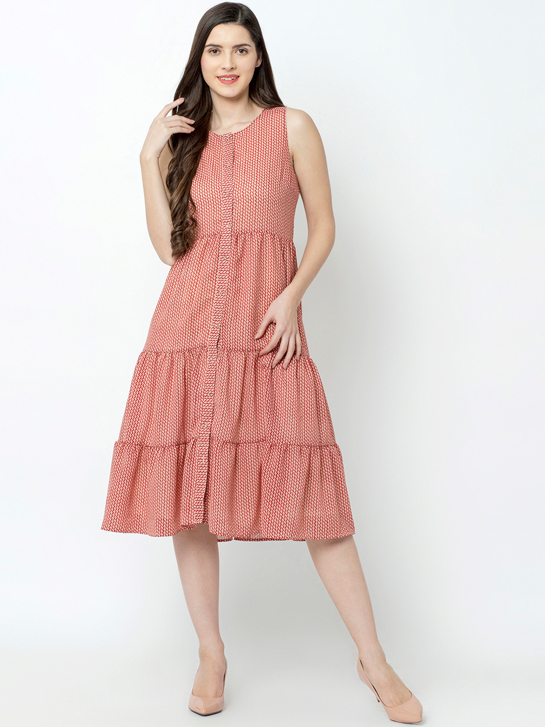 

SQew Women Peach-Coloured Printed Tiered A-Line Dress