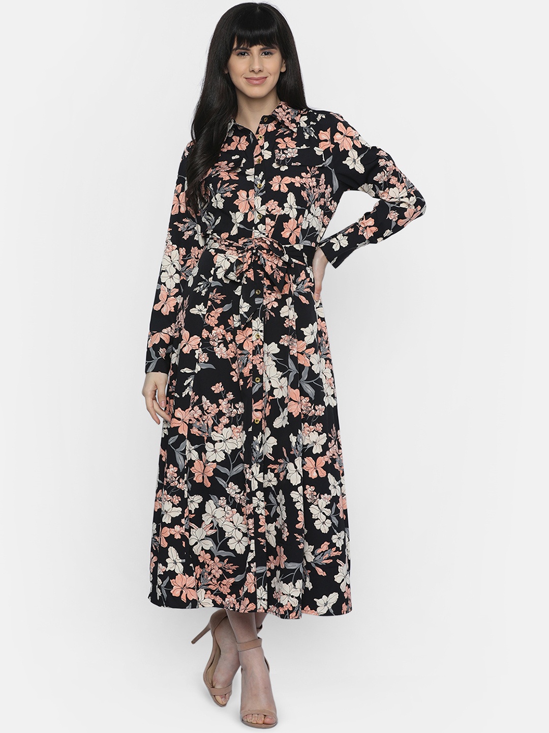 

ISU Women Black Floral Print Shirt Dress
