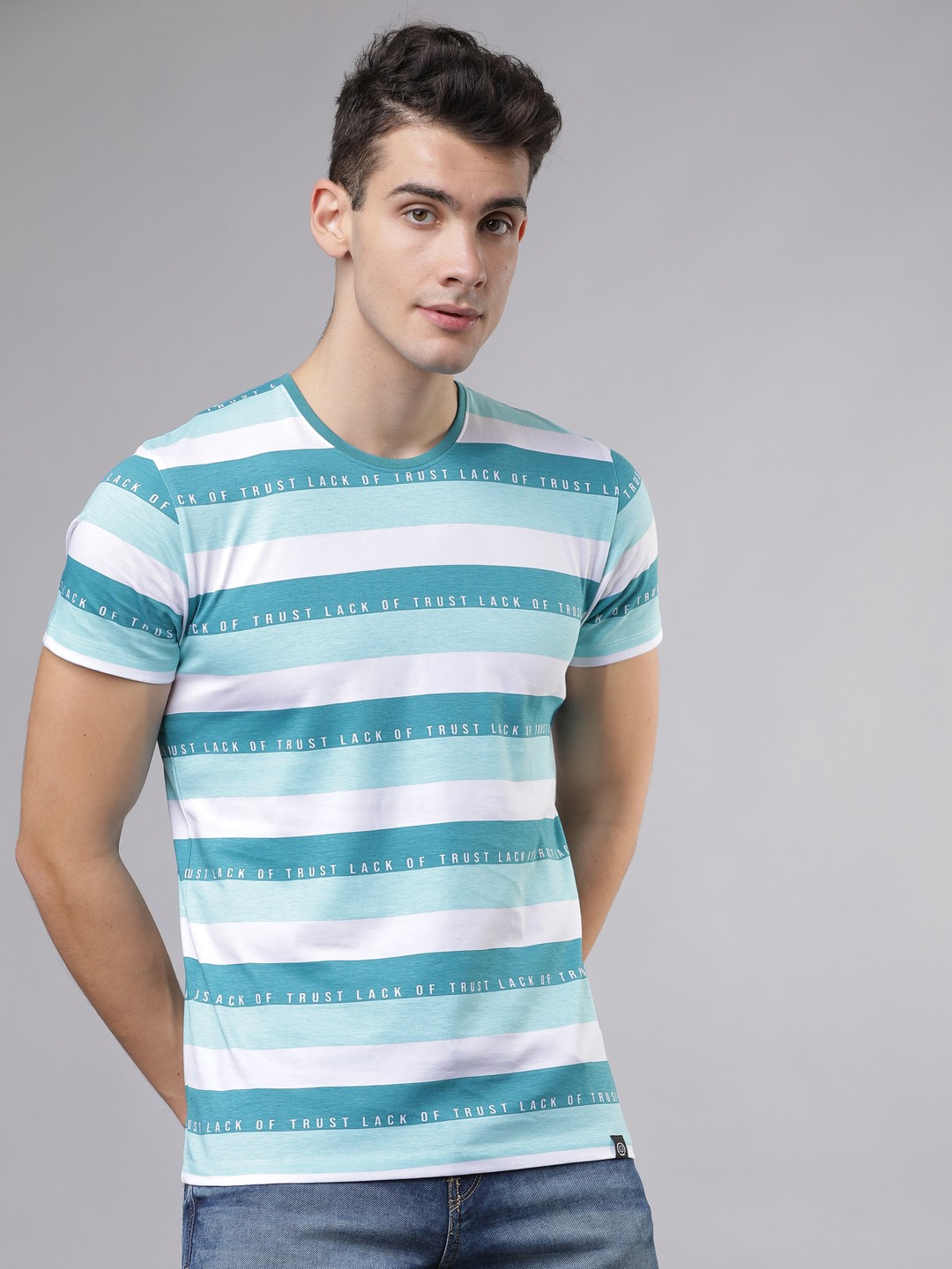 

LOCOMOTIVE Men White Striped Round Neck T-shirt