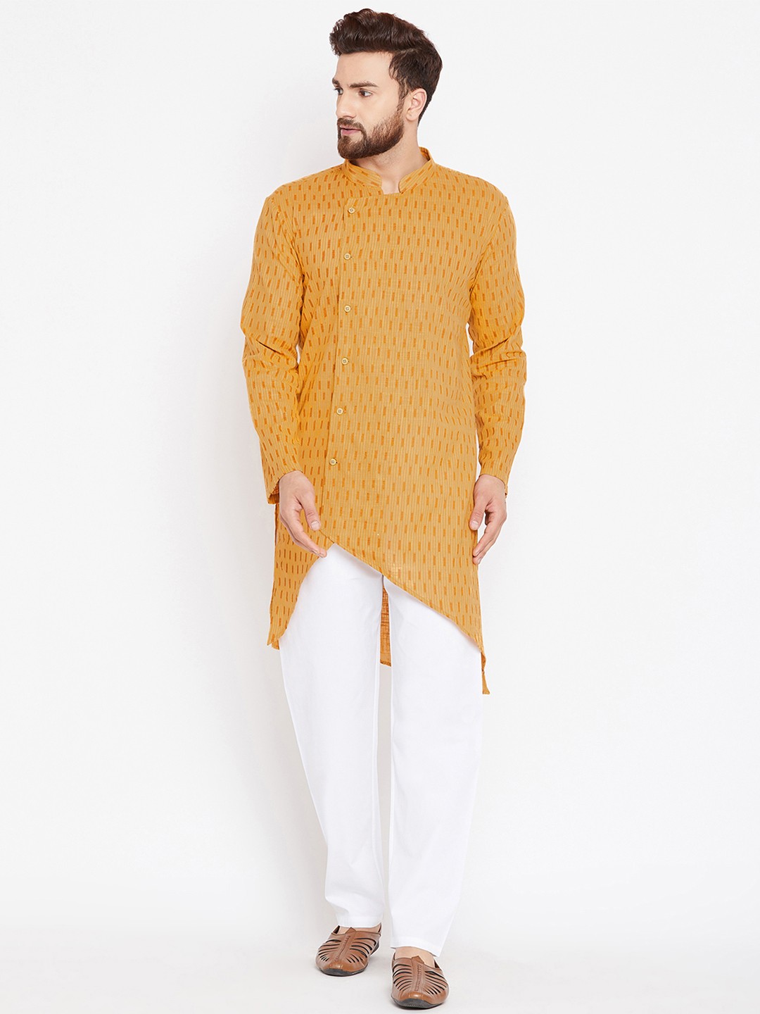 

even Men Yellow Woven Design Asymmetric Straight Kurta