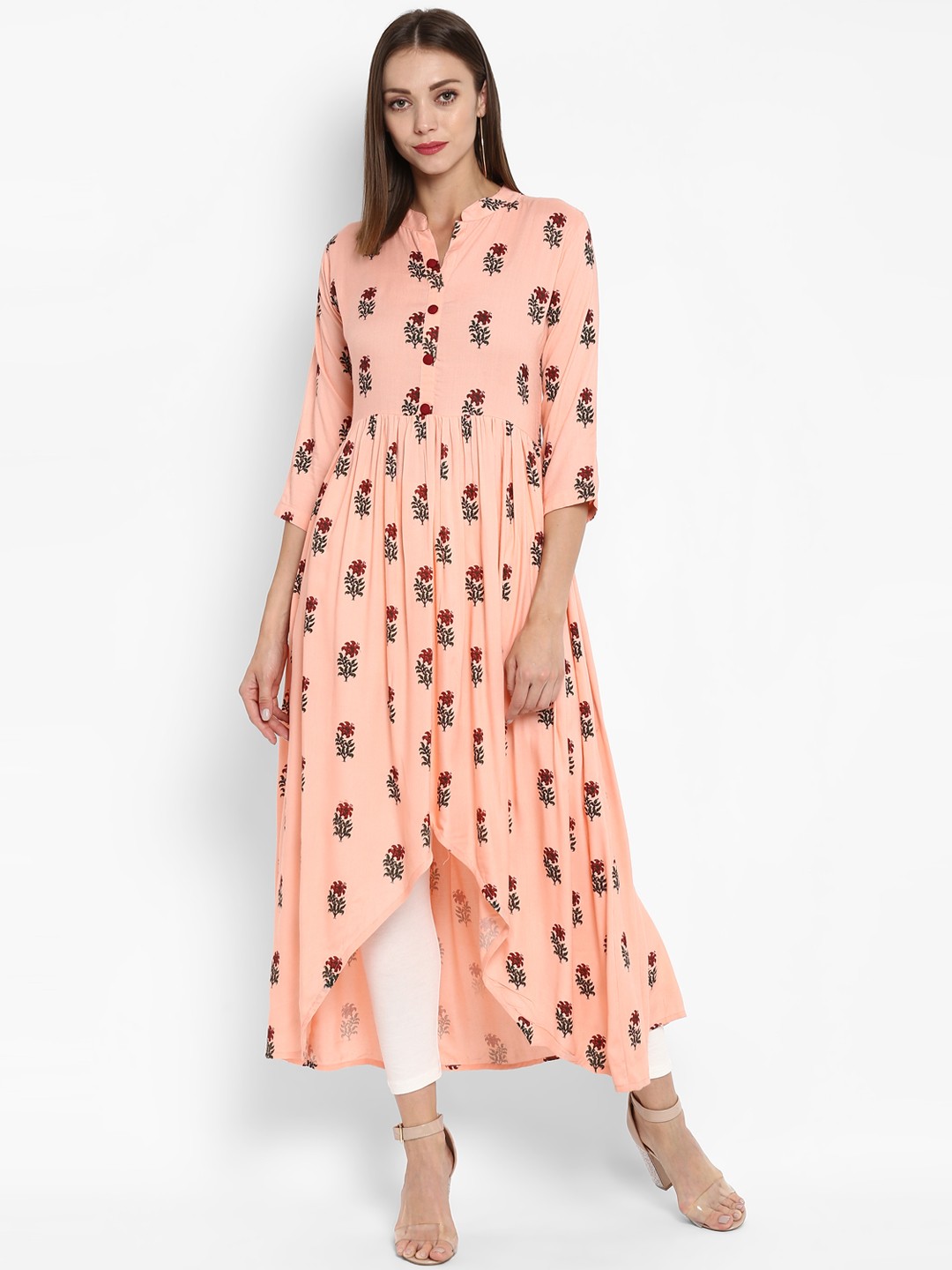 

Janasya Women Peach-Coloured Printed Anarkali Kurta