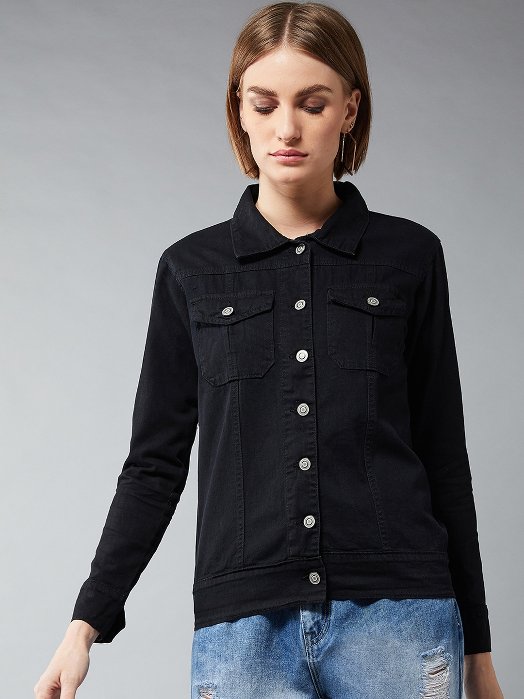 

DOLCE CRUDO Women Black Solid Denim Jacket