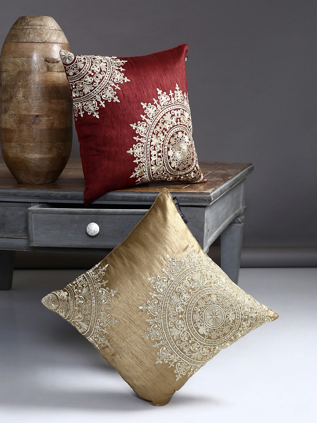 

ROMEE Beige & Maroon Set of 2 Ethnic Motifs Square Cushion Covers