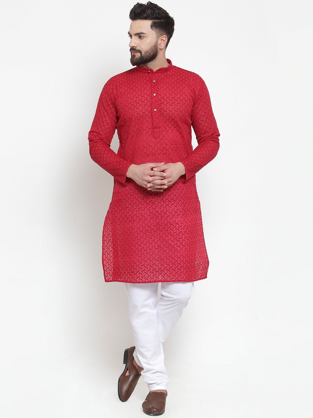 

Jompers Men Maroon & White Embroidered Kurta with Churidar