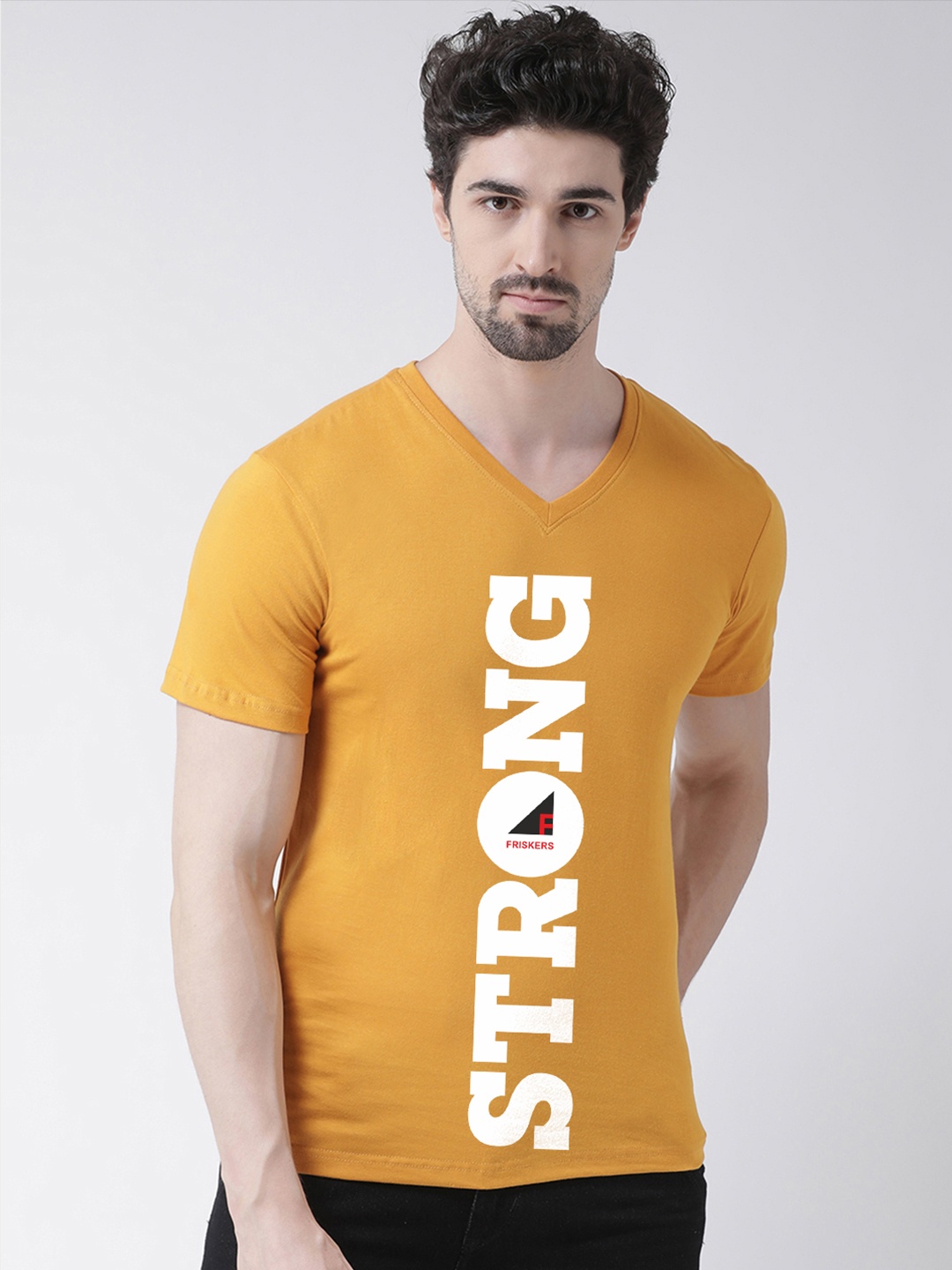 Friskers Men Mustard Yellow Printed V-Neck T-shirt