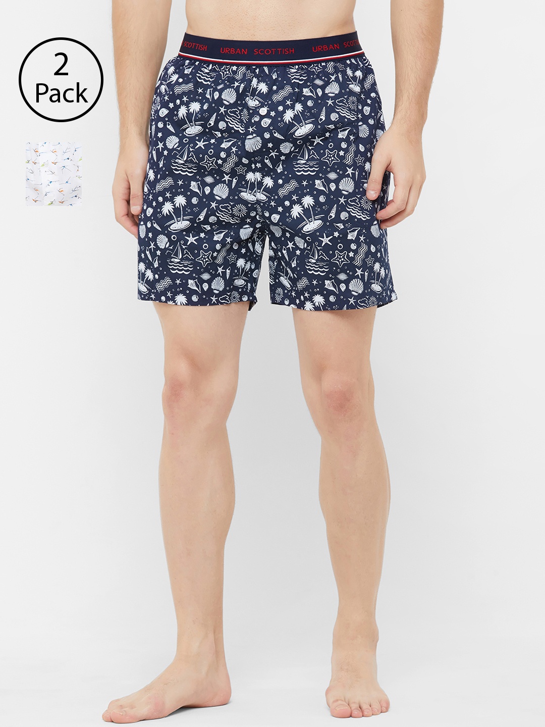 

URBAN SCOTTISH Men Pack of 2 Printed Pure Cotton Boxers USBX2031, Blue