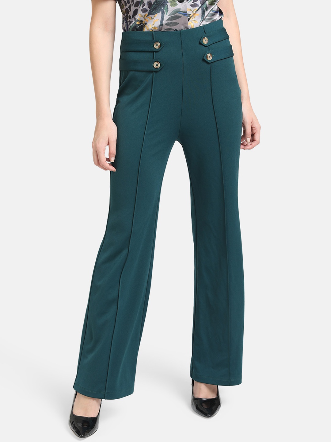

Kazo Women Green Straight Fit Solid Regular Trousers