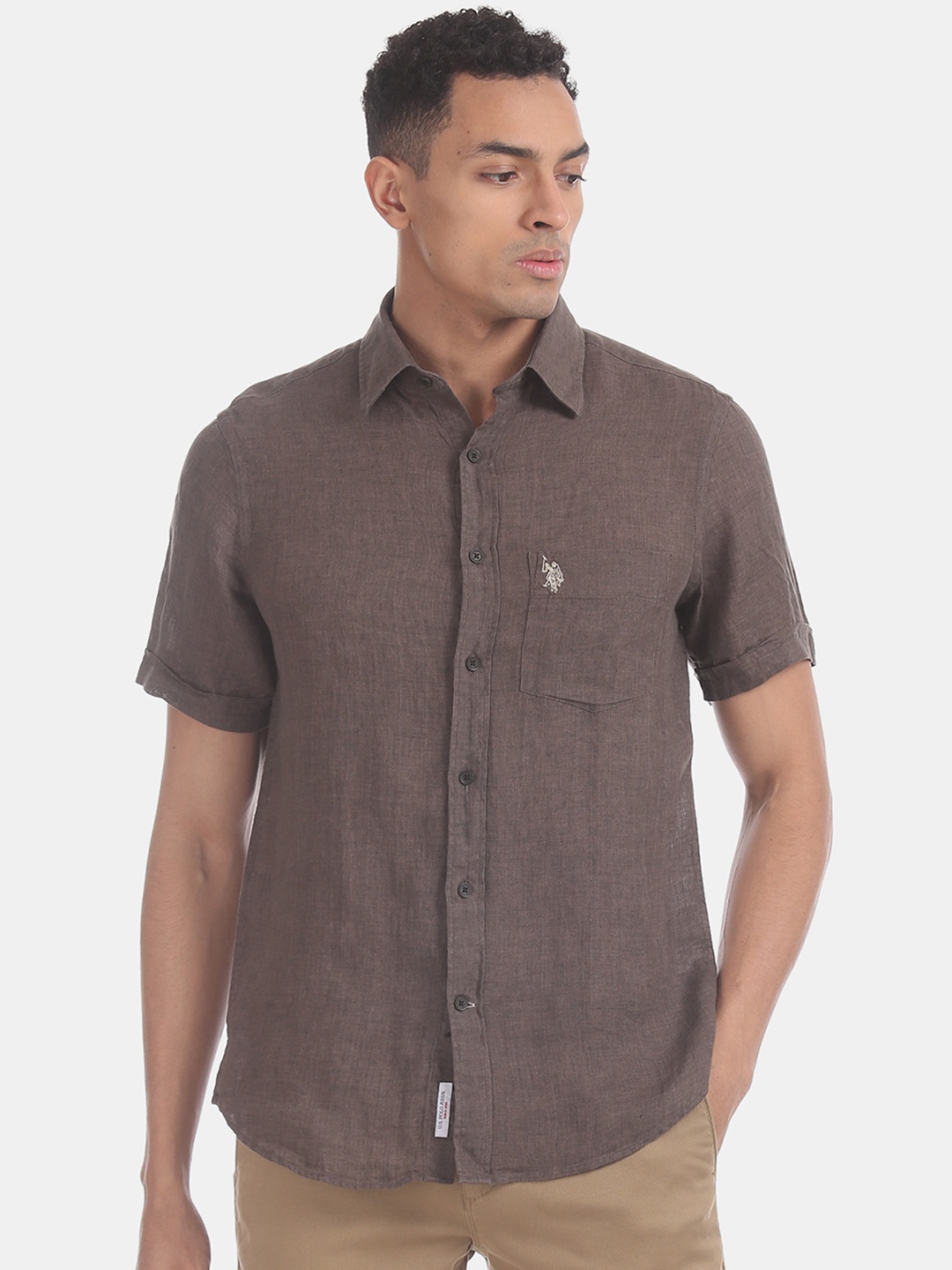 

U.S. Polo Assn. Men Brown Regular Fit Self Design Linen Casual Shirt