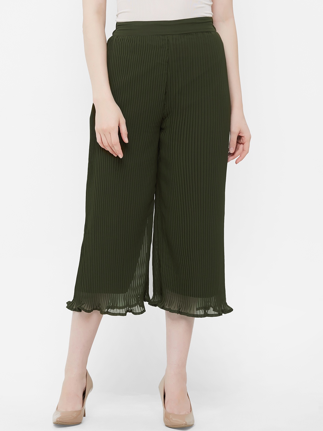 MISH Women Olive Green Solid Wide Leg Palazzos
