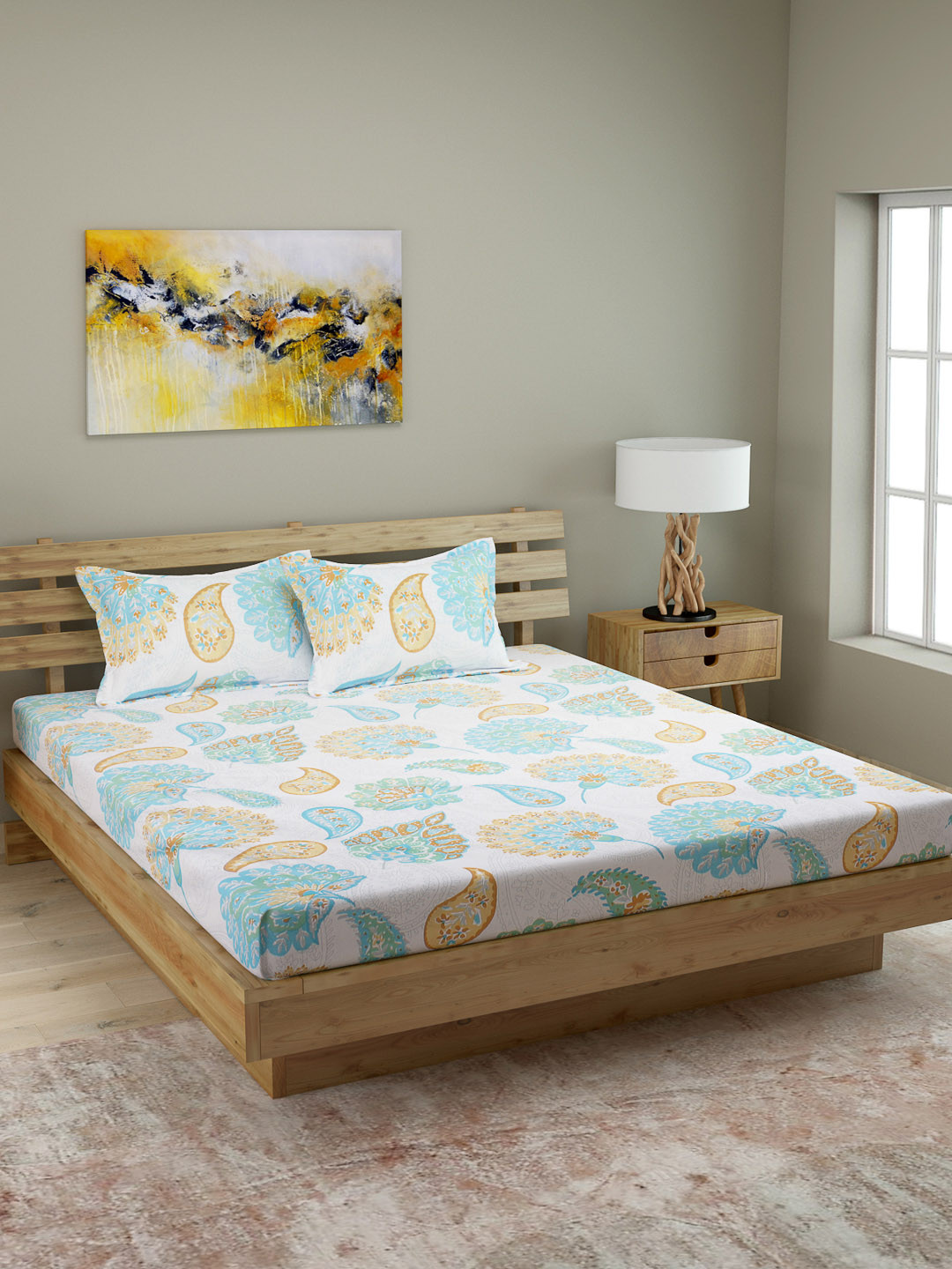 

ROMEE White & Blue Ethnic Motifs 144 TC Cotton 1 Queen Bedsheet with 2 Pillow Covers