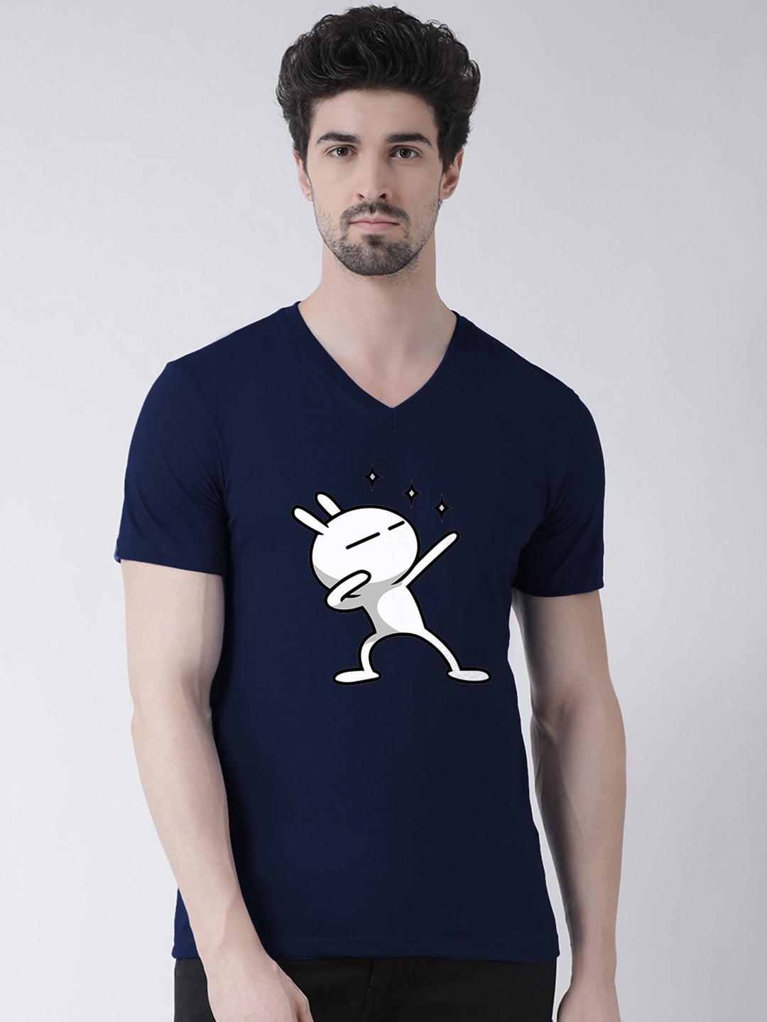 

Friskers Men Navy Blue Printed V-Neck T-shirt
