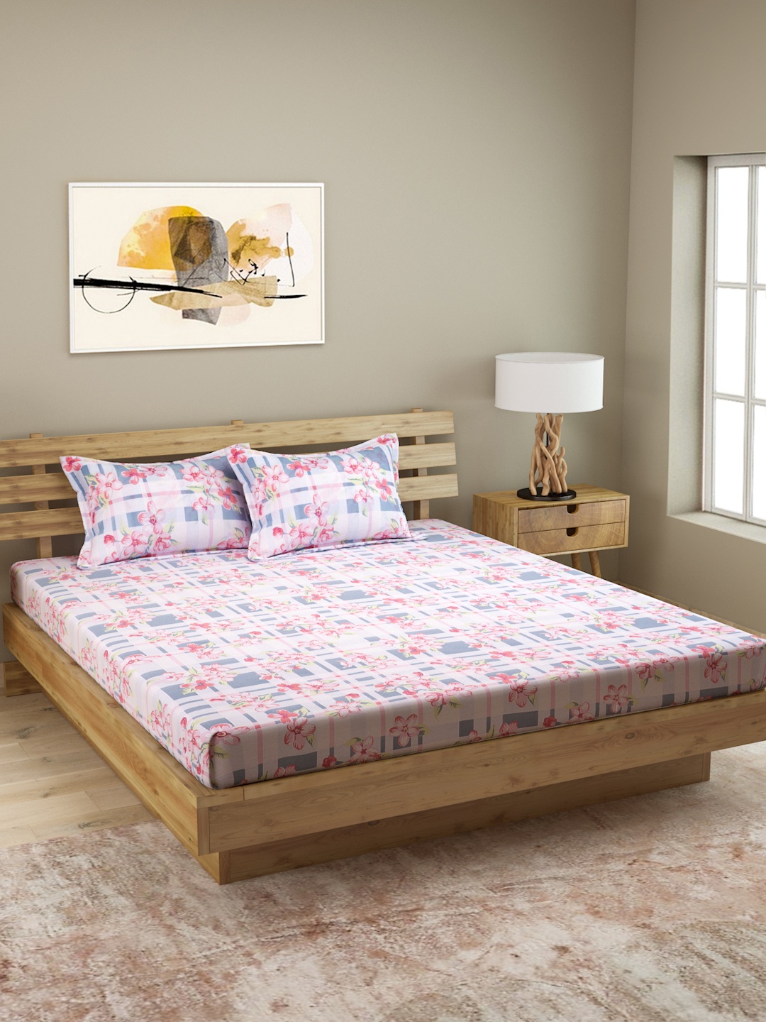 

ROMEE White & Blue Floral 144 TC Cotton 1 Queen Bedsheet with 2 Pillow Covers