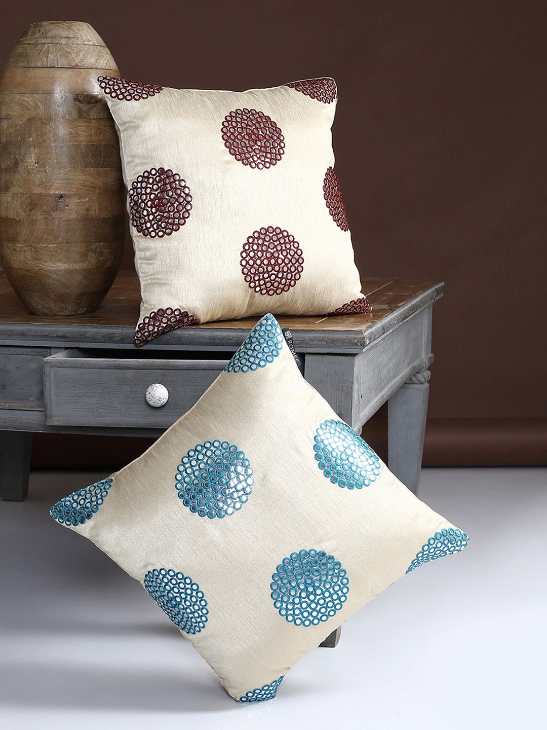 

ROMEE Beige Set of 2 Embellished Square Cushion Covers