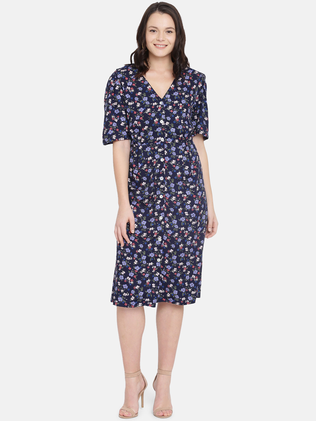 

ISU Women Navy Blue Floral Print Fit and Flare Dress