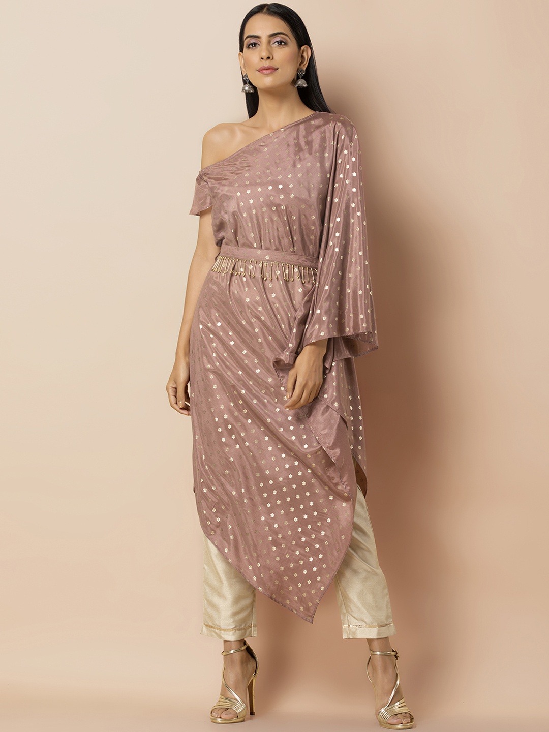 

INDYA Rose Foil Drop Shoulder Belted Kaftan, Pink