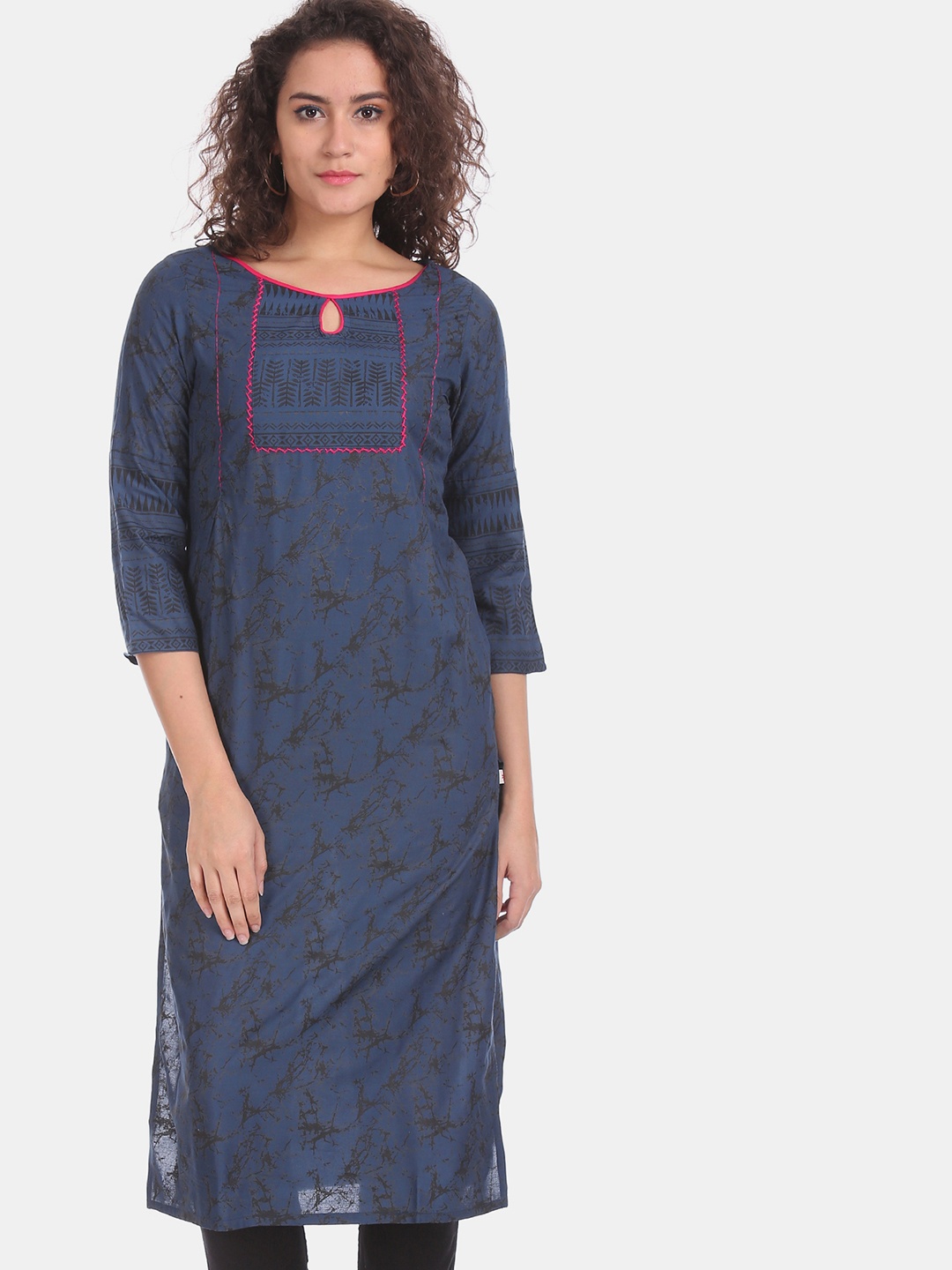 

Karigari Women Blue & Brown Printed Straight Kurta