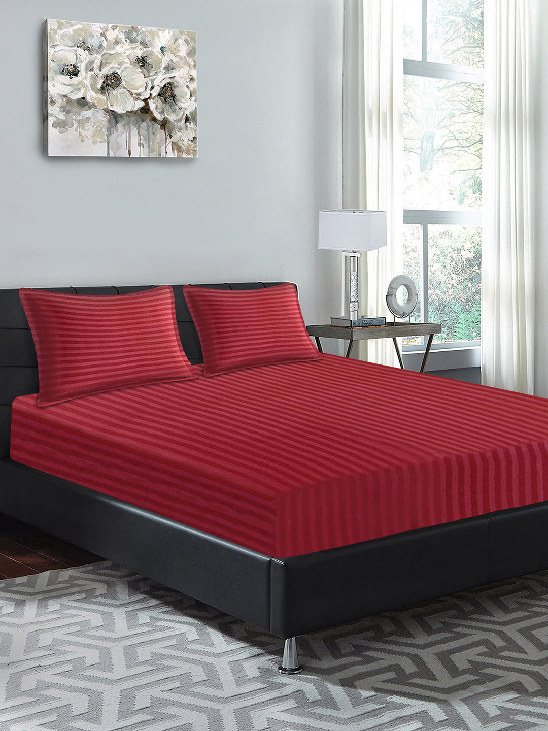 

Good Homes by Home Candy Red Striped 300 TC Cotton 1 King Bedsheet with 2 Pillow Covers