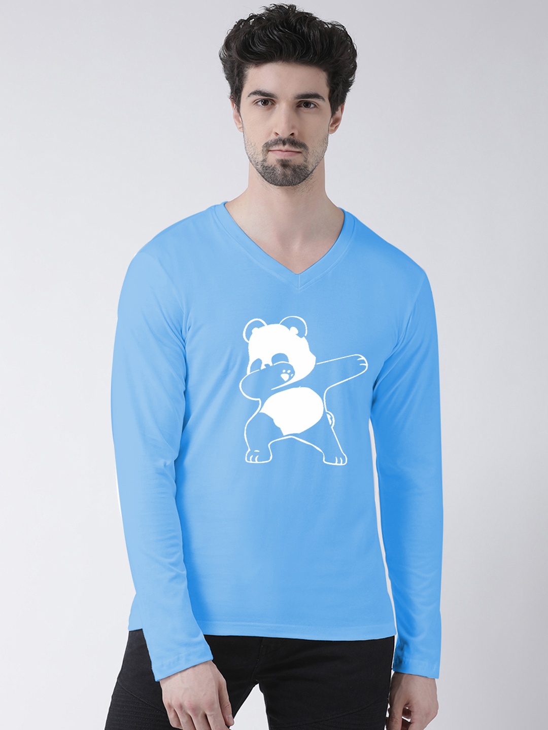 Friskers Men Blue & White Printed V-Neck T-shirt