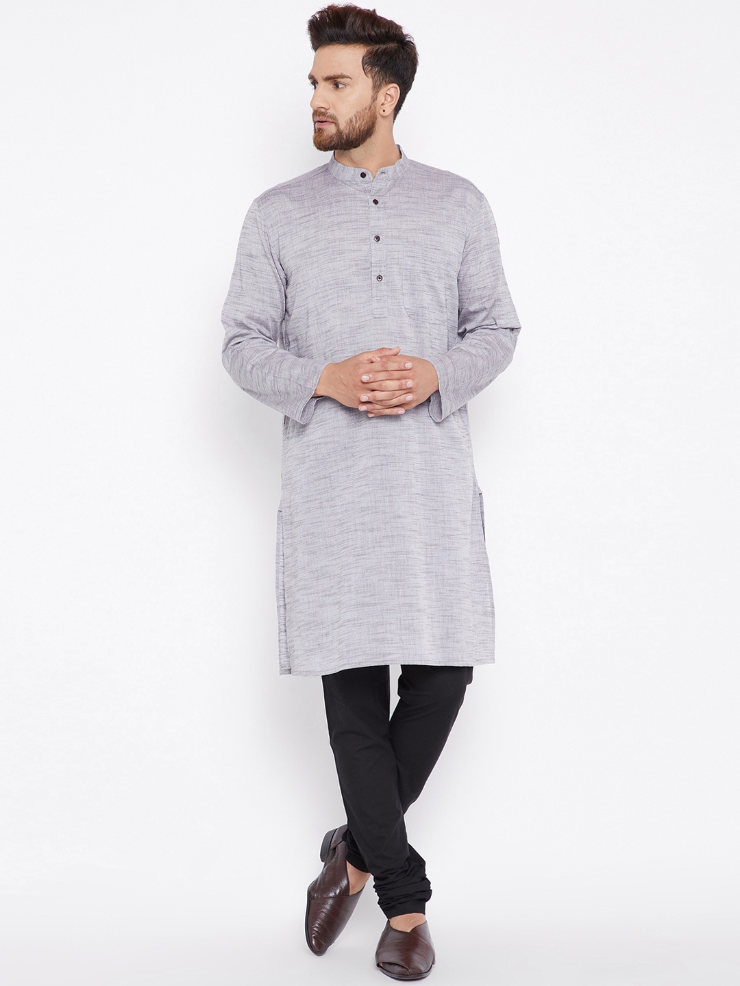 

even Men Grey Solid Dobby Weave Straight Kurta