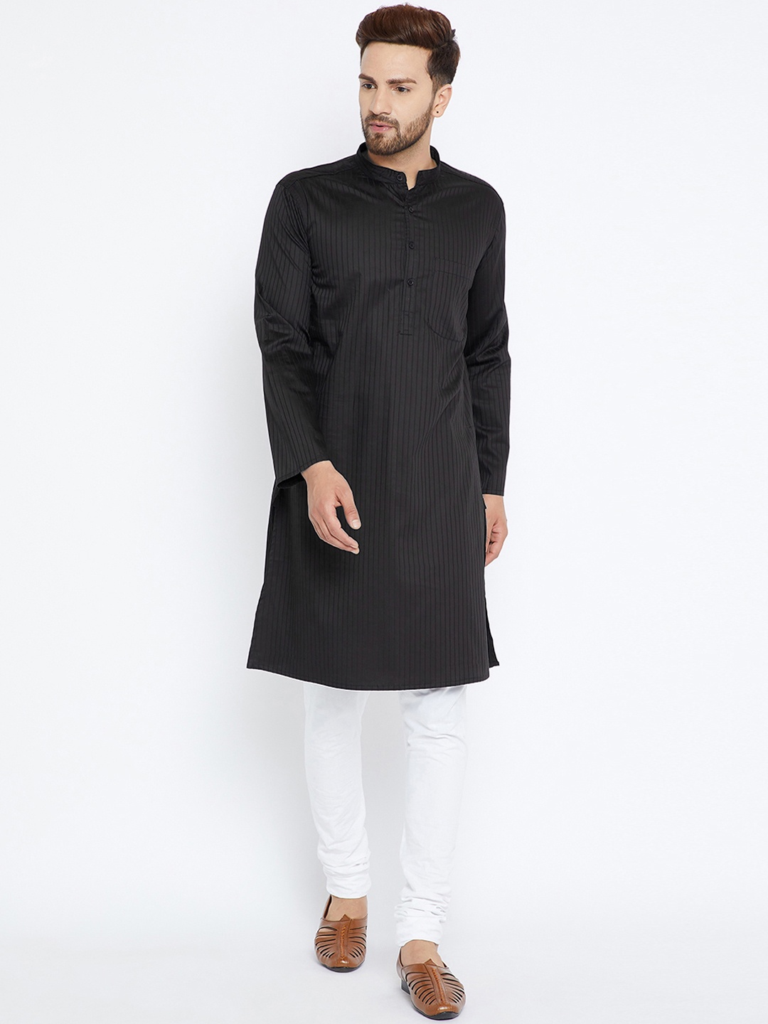 even Men Black Solid Straight Kurta