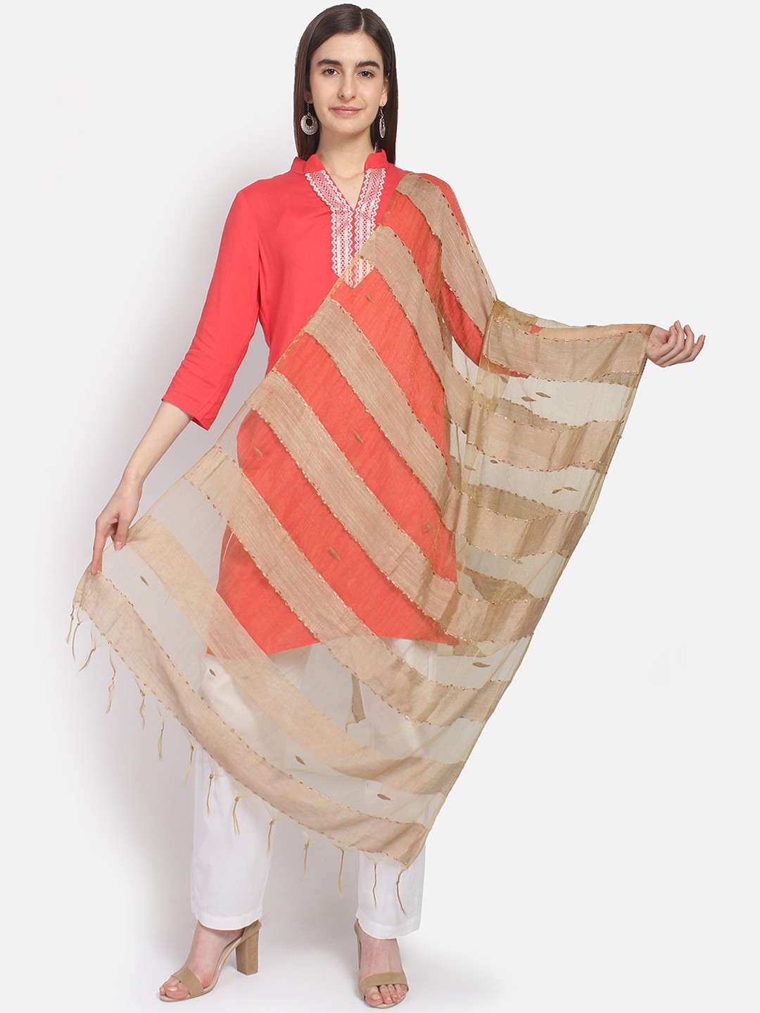 

amraoo Beige Striped Dupatta