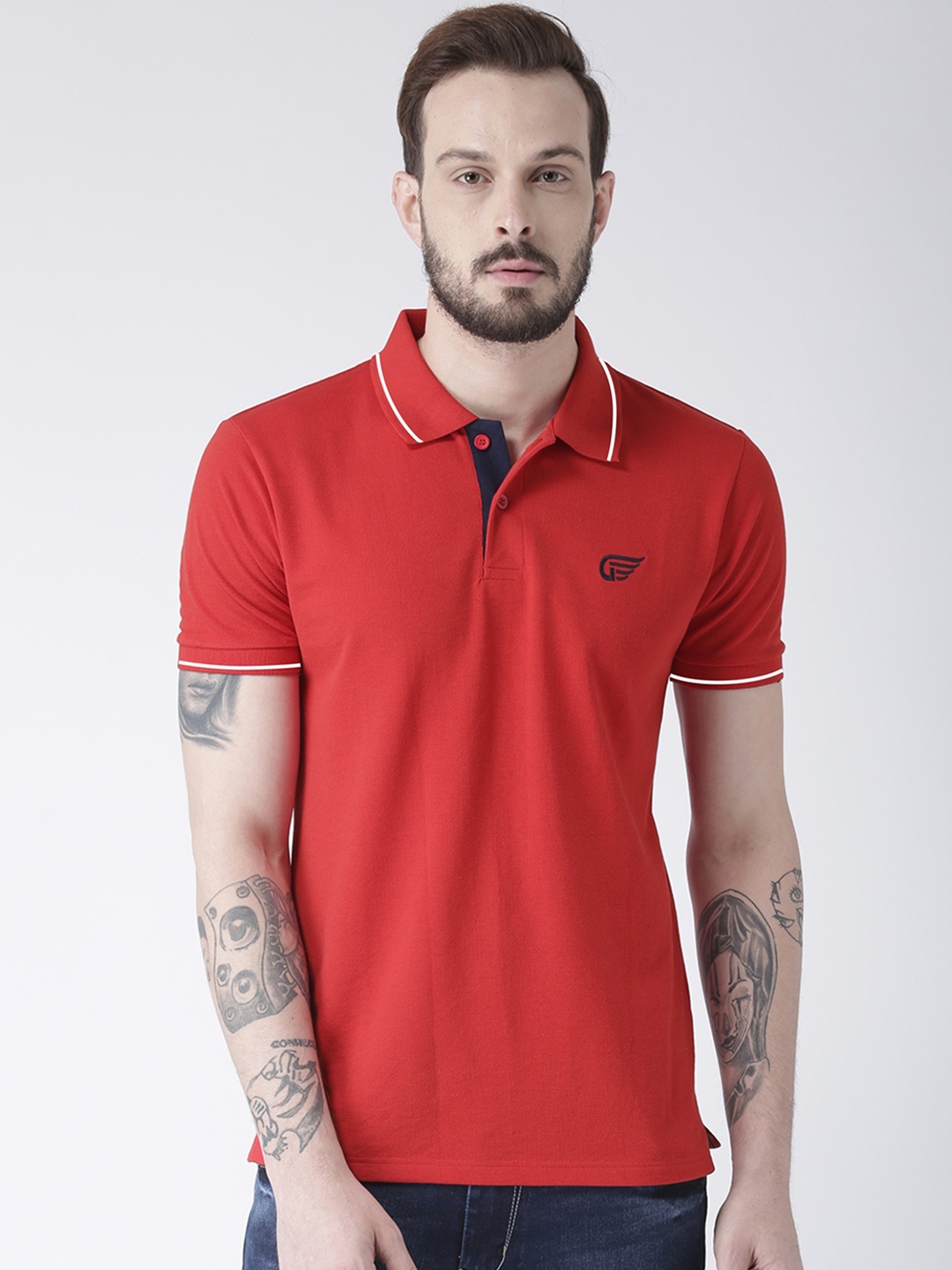GRIFFEL Men Red Solid Polo Collar T-shirt
