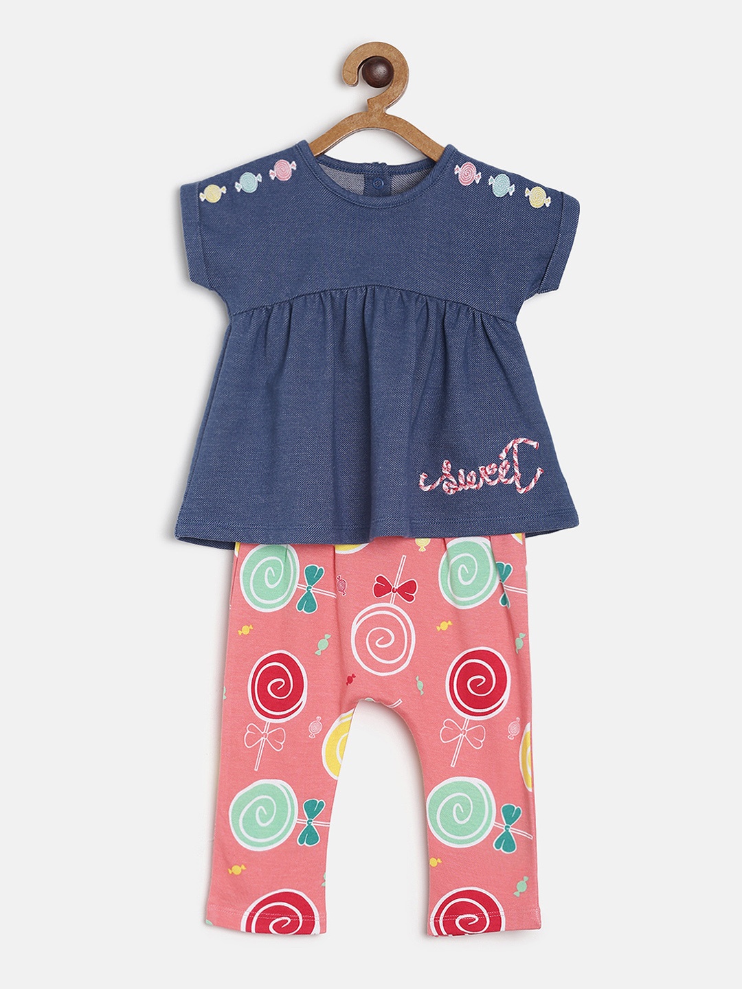 

MINI KLUB Girls Navy Blue & Pink Solid Top with Pyjamas
