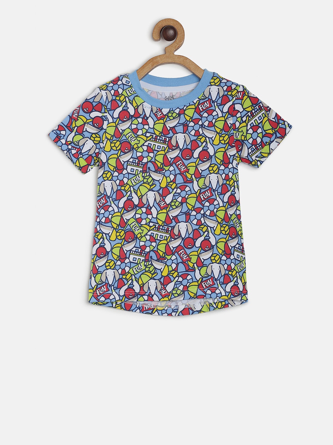 MINI KLUB Boys Multicoloured Printed Round Neck Pure Cotton T-shirt, Multi