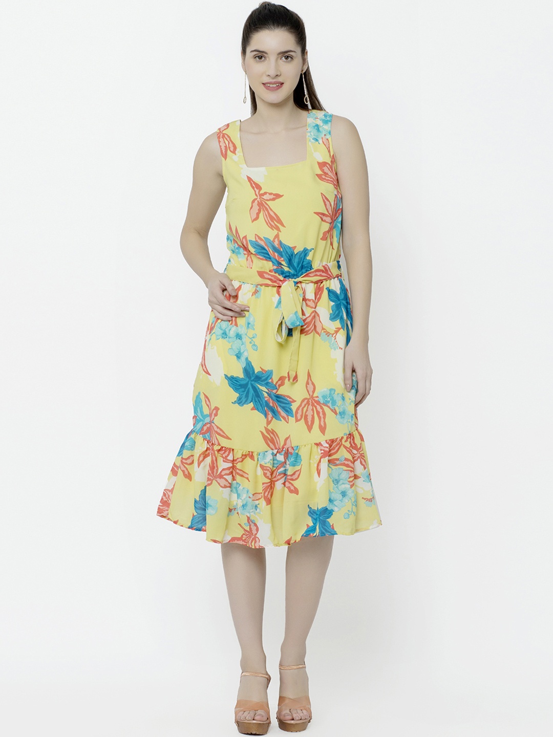 

SQew Women Yellow & Blue Floral Print Fit and Flare Dress