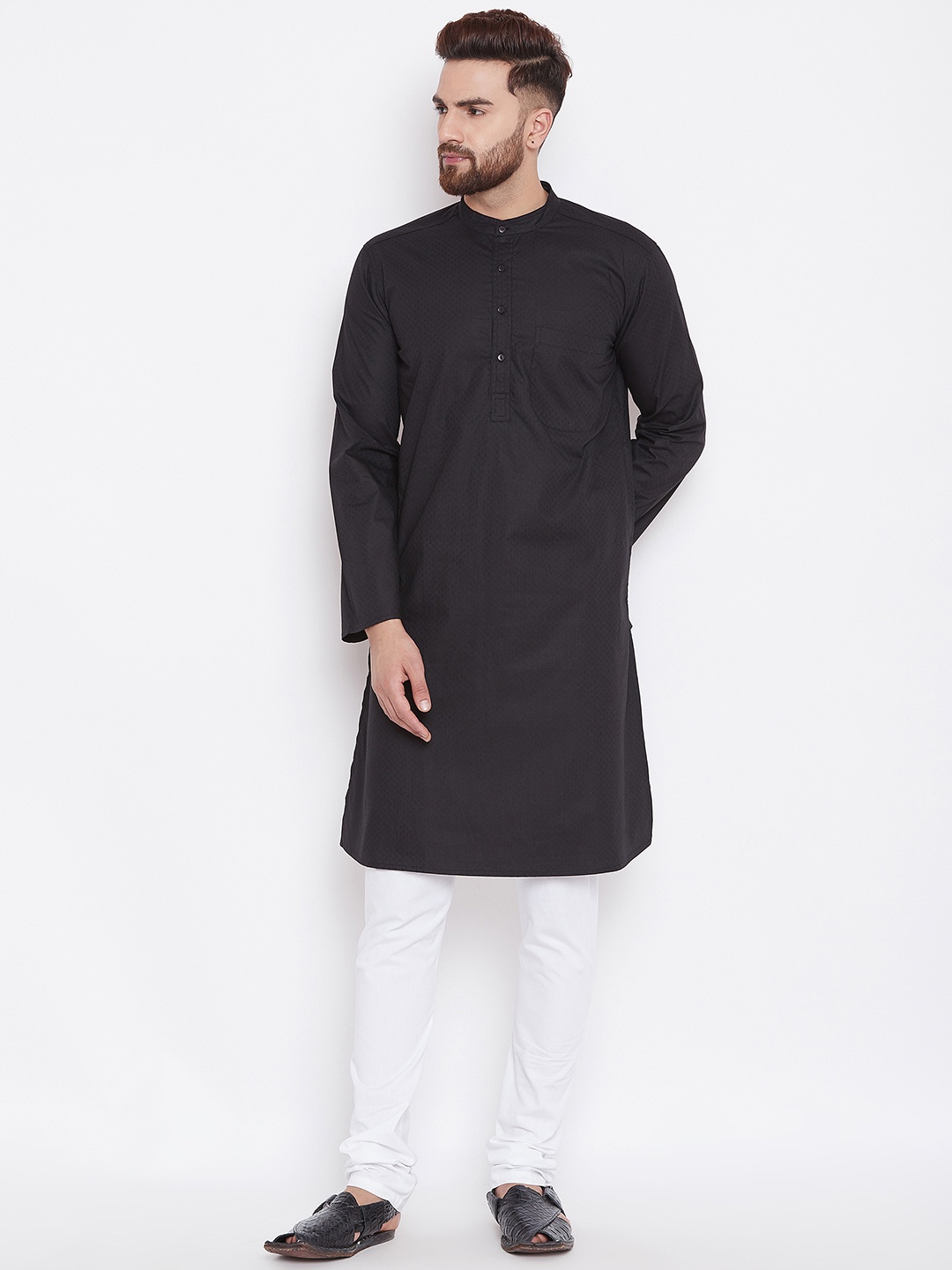 

even Men Black Solid Straight Kurta