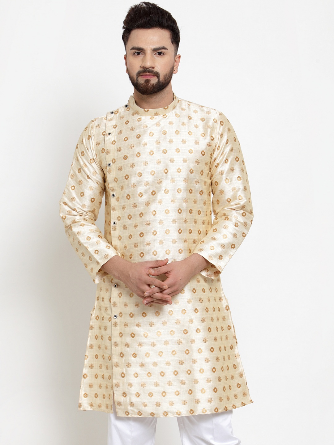 

KLOTTHE Men Beige & Gold-Coloured Woven Design Straight Kurta