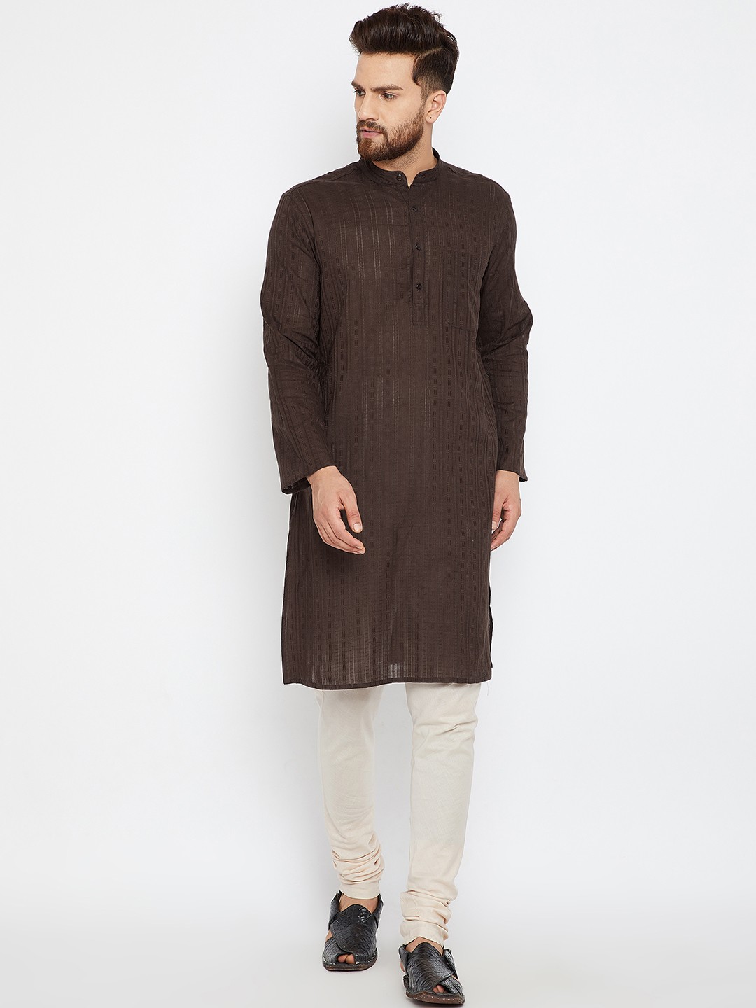 

even Men Brown Striped Straight Kurta