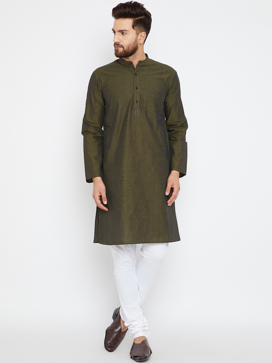 

even Men Olive Green Solid Dobby Weave Straight Kurta