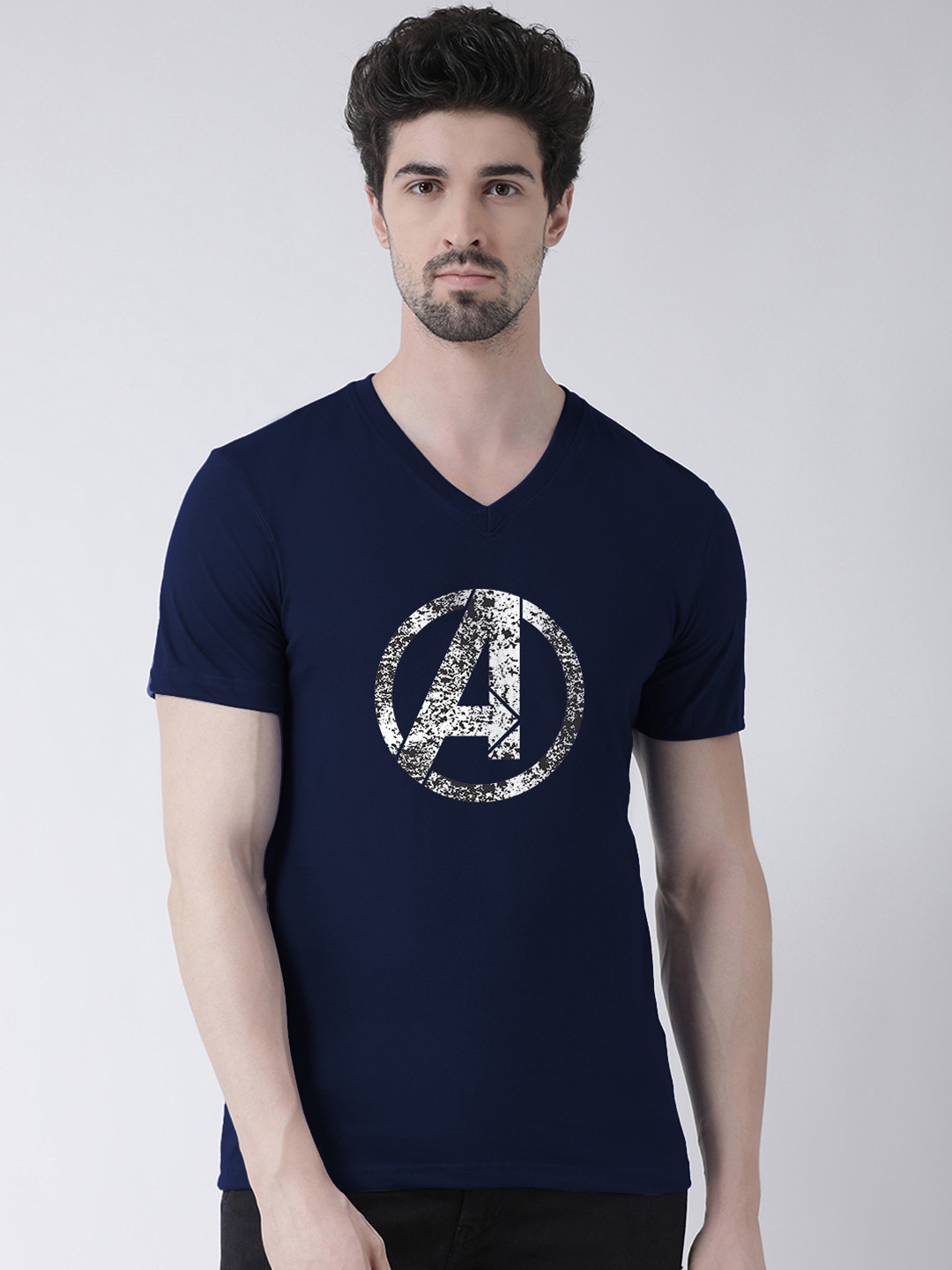 

Friskers Men Navy Blue Avengers Printed V-Neck T-shirt