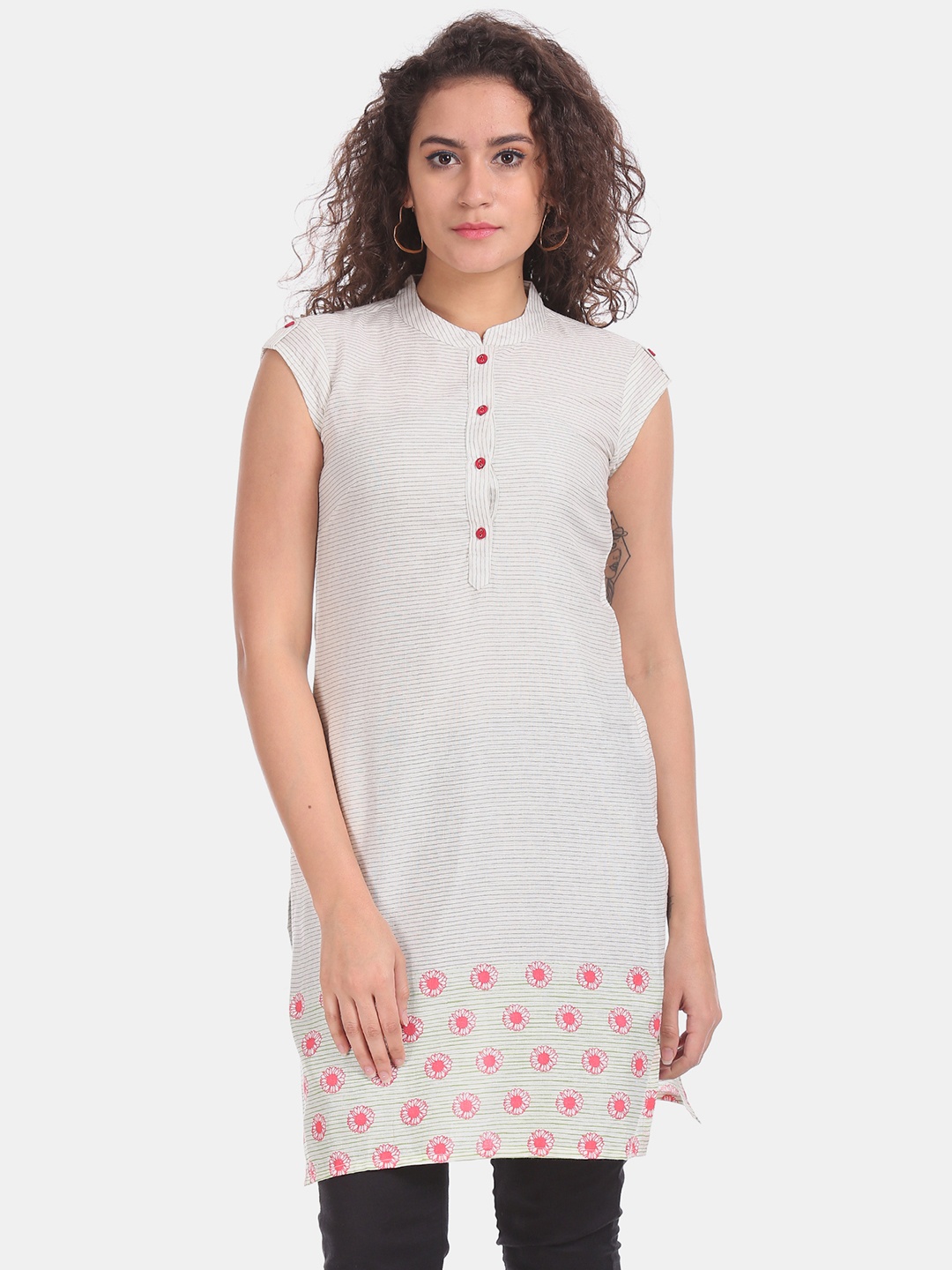 

Karigari Women White & Grey Striped Straight Kurta