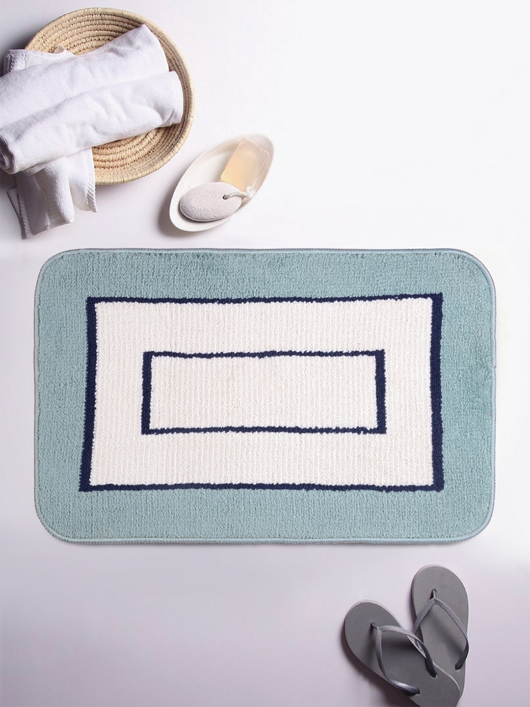 

ROMEE Green & White Colourblocked Rectangular Bath Rug