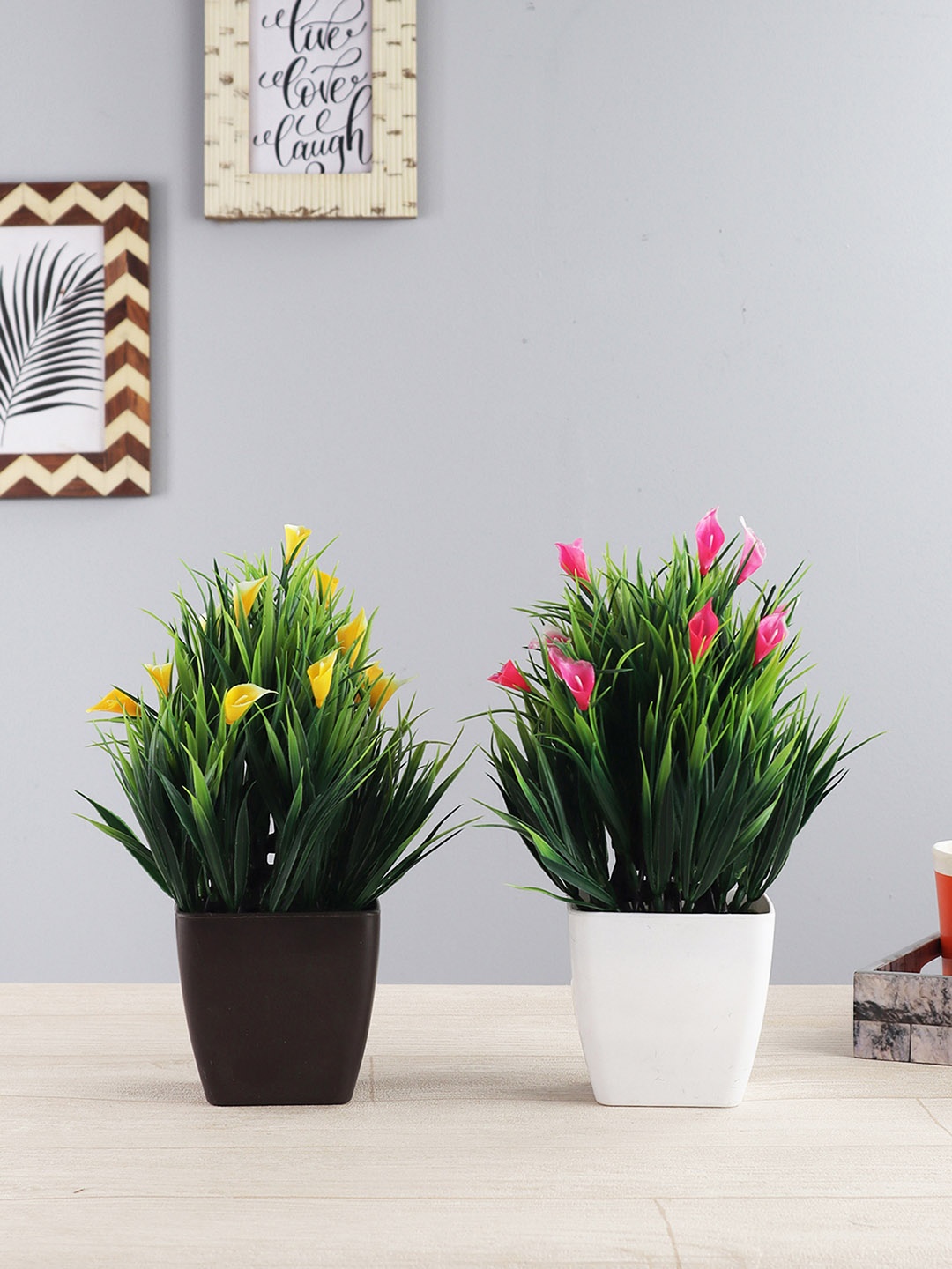 

FOLIYAJ Set of 2 Pink & Yellow Artificial Cynthia Plants, Green