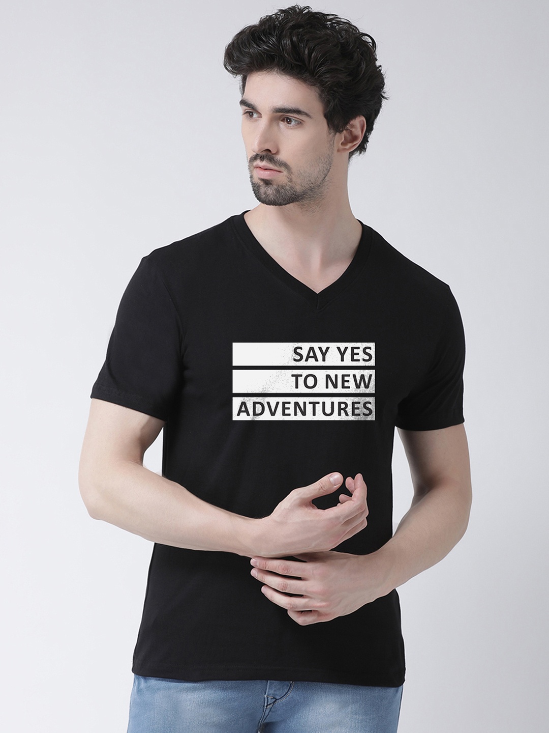 

Friskers Men Black Printed V-Neck T-shirt