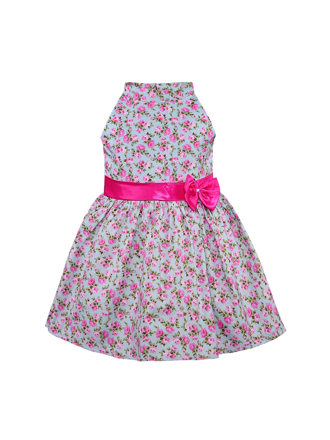 Wish Karo Girls Turquoise Blue & Pink Printed Fit and Flare Dress