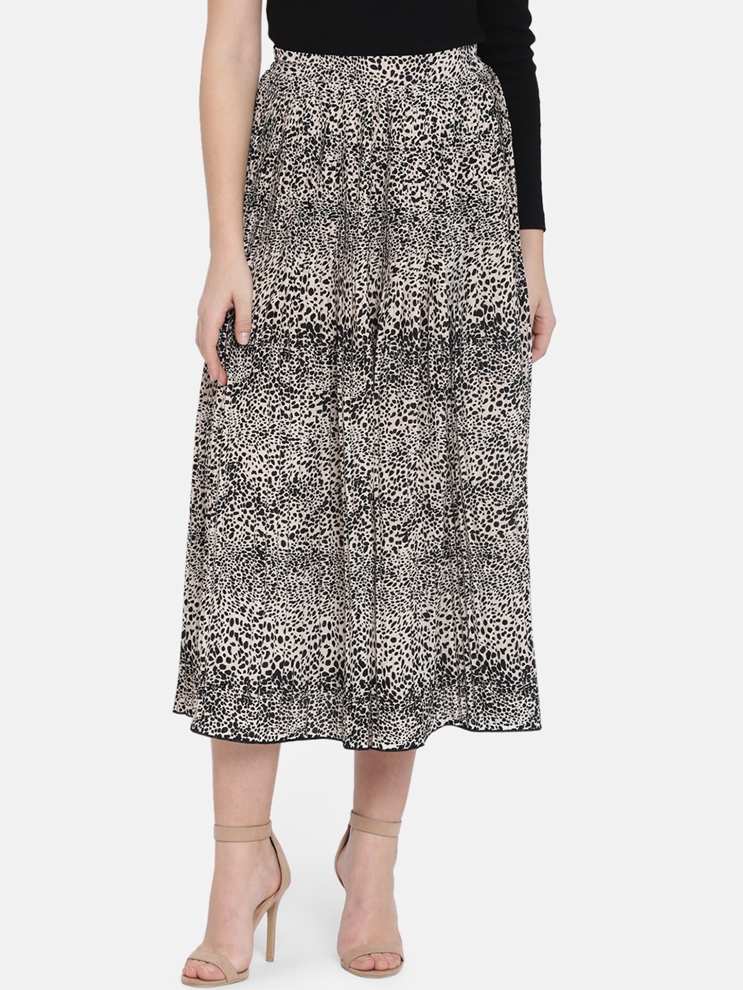 

ISU Women Black & White Printed Pleated A-line Midi Skirt
