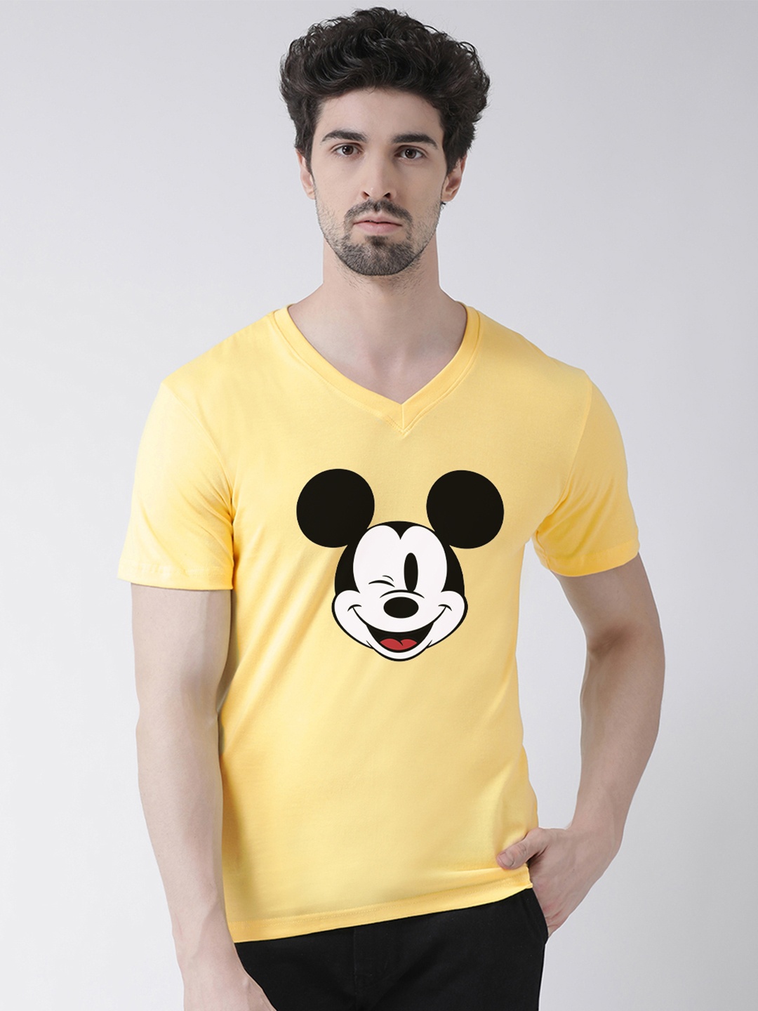 Friskers Men Yellow & Black Mickey Mouse Printed V-Neck T-shirt