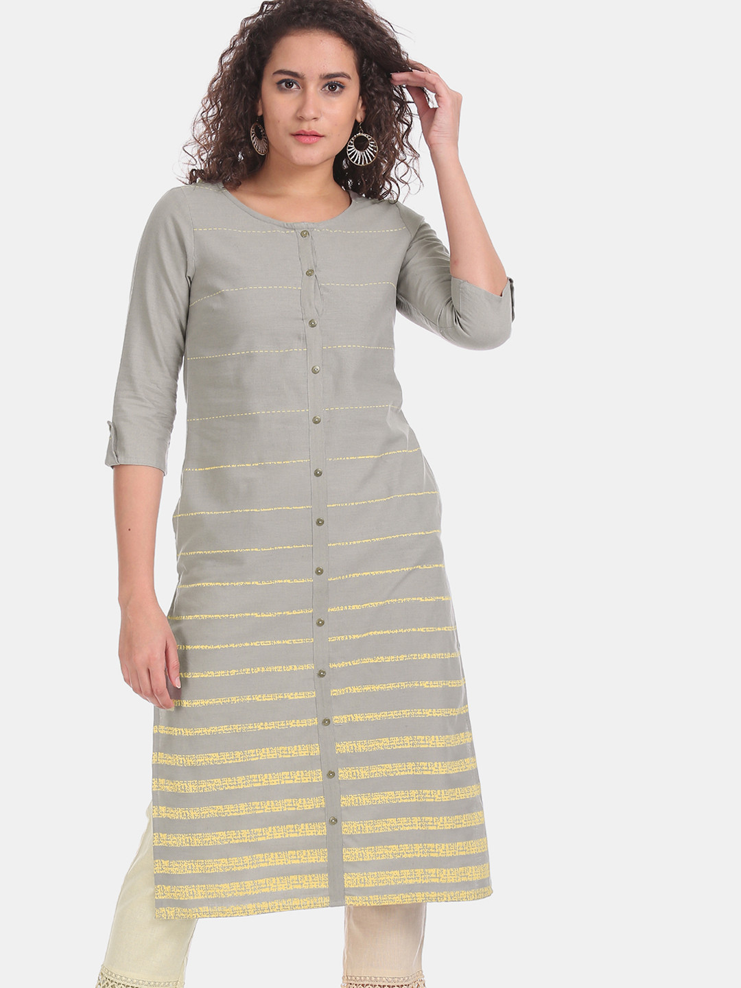 

Karigari Women Grey & Yellow Striped Straight Kurta