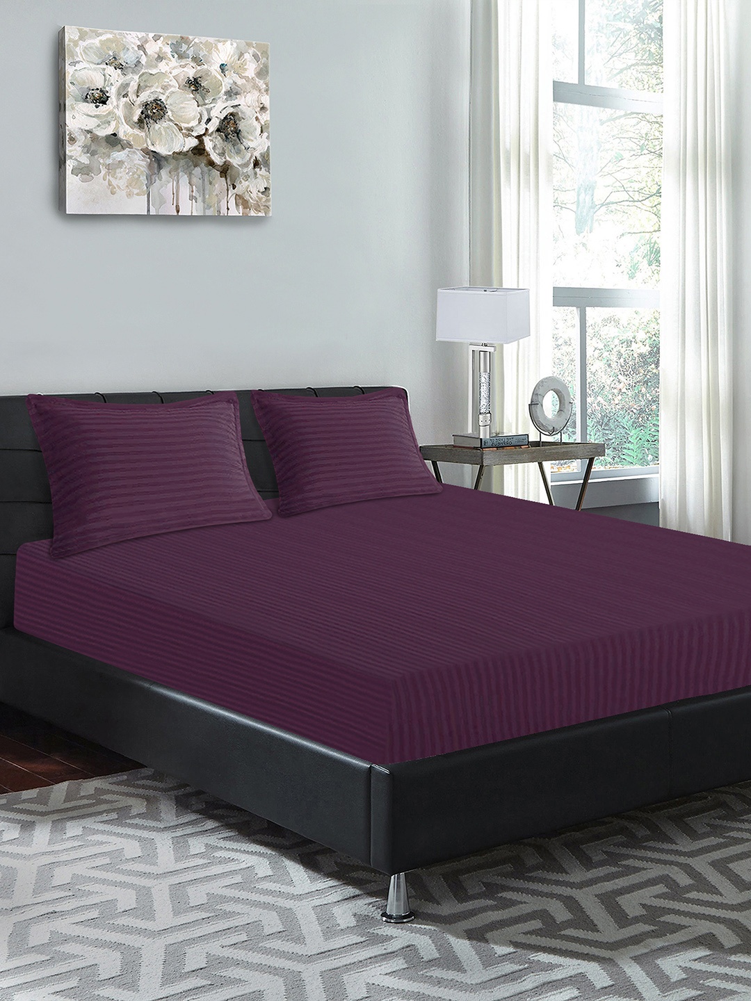 

Good Homes by Home Candy Purple Striped 300 TC Cotton 1 King Bedsheet with 2 Pillow Covers