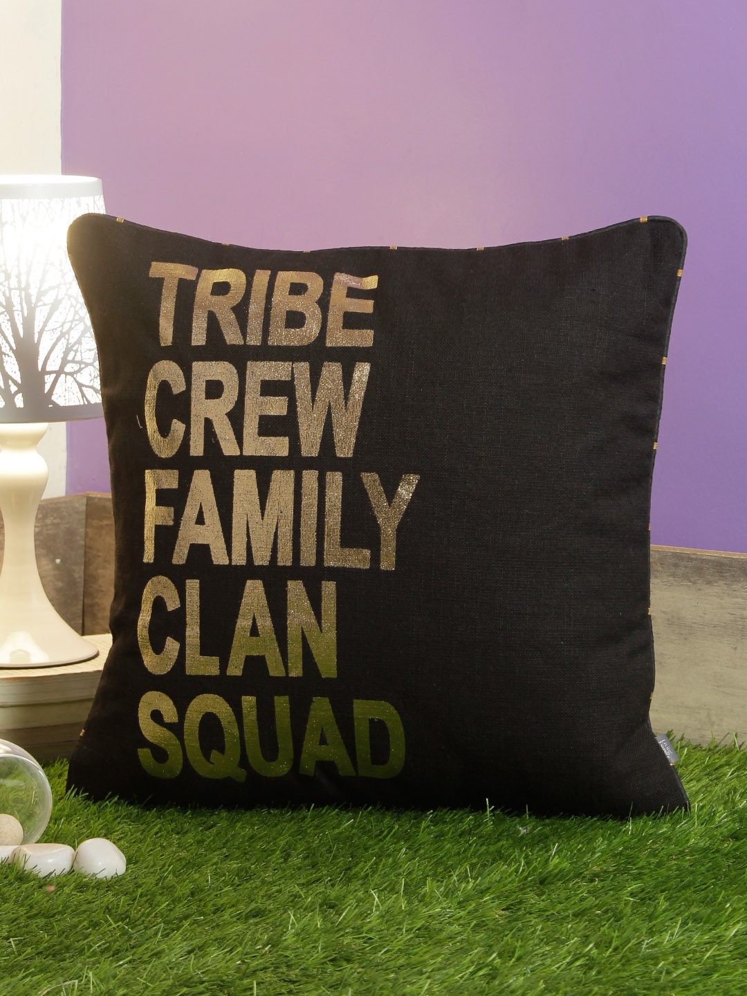 

HomeTown Black & Gold-Toned Single Printed Square Cushion Cover