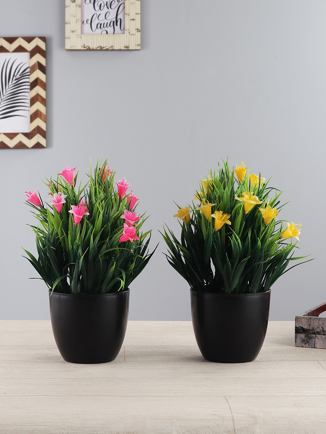 

FOLIYAJ Unisex Set of 2 Yellow & Pink Artificial Lilly Plants with Pot, Green